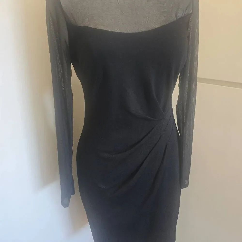 Cache Blk Mesh/Knit Long Slv. Bodycon Cocktail/Formal Knee Lgth. Dress, EUC, S 8